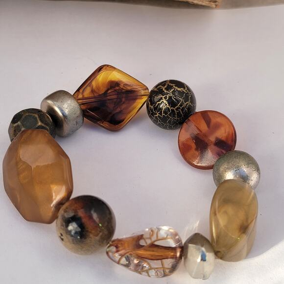 Vintage mixed bead bracelet brown gold eclectic 1980s statement jewelry - Picture 7 of 10